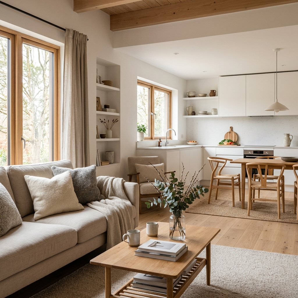 Cozy modern bright Nordic house living room